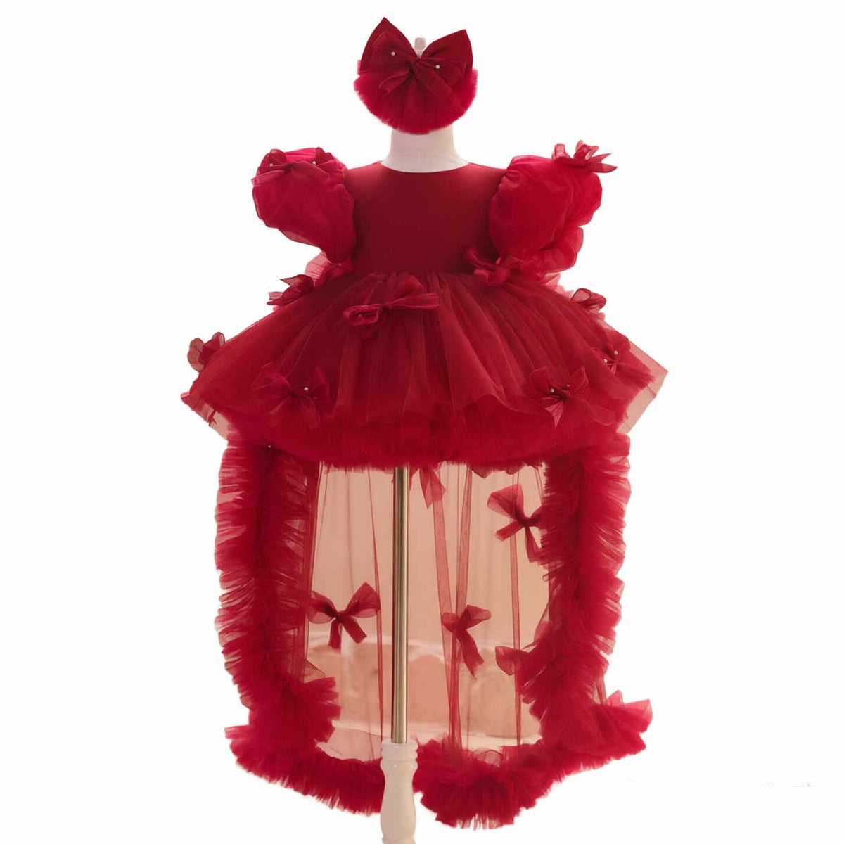 Burgundy puff sleeve bow tulle girl dress J508 13