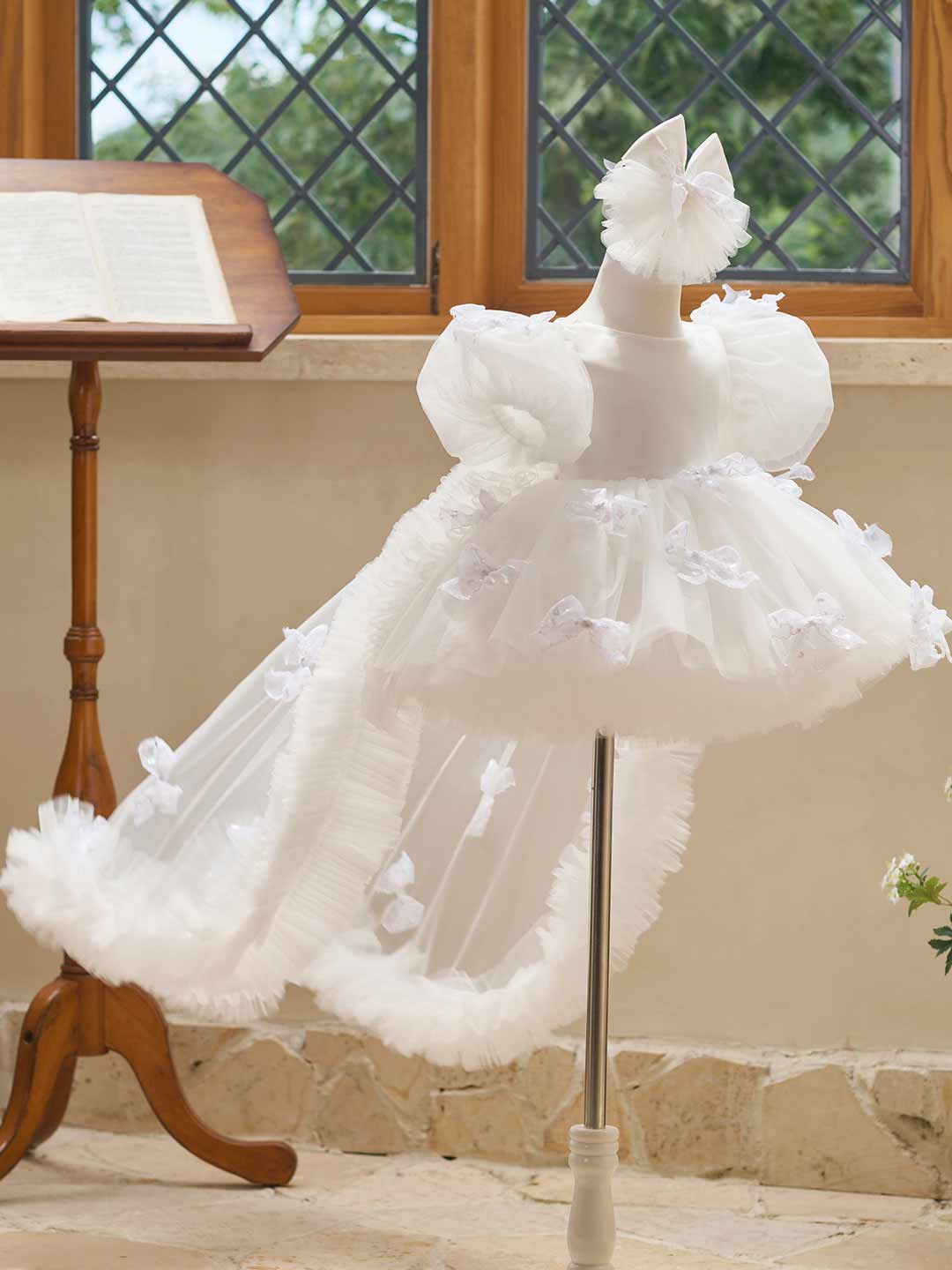 White puff sleeve bow tulle girl dress J508 23