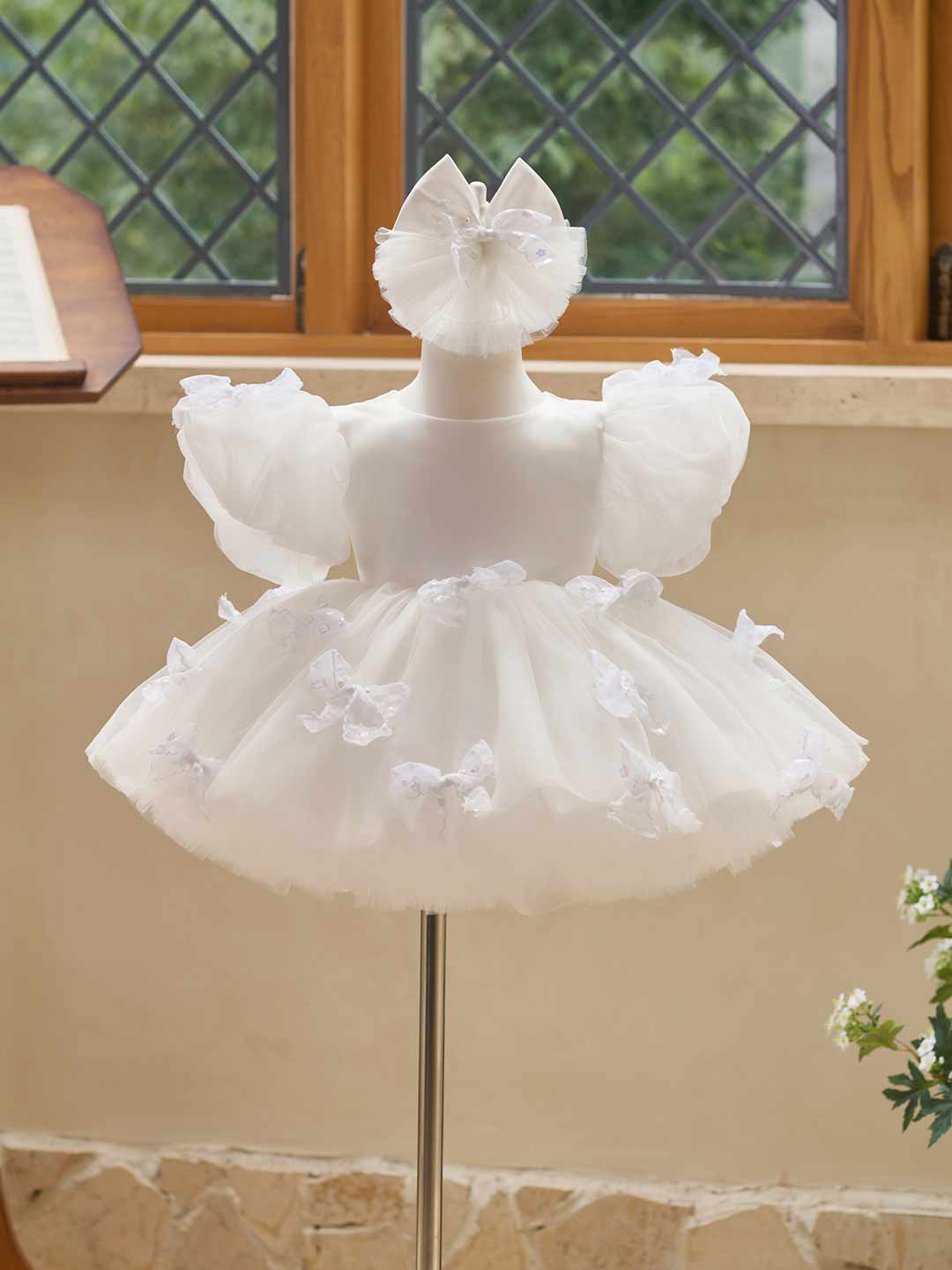 White puff sleeve bow tulle girl dress J508 24