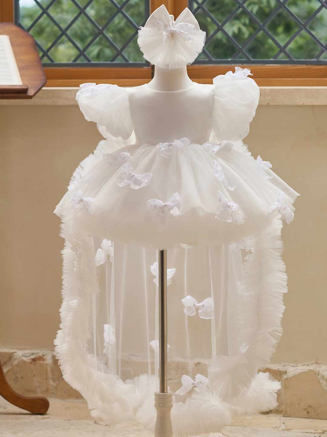 White puff sleeve bow tulle girl dress J508 25