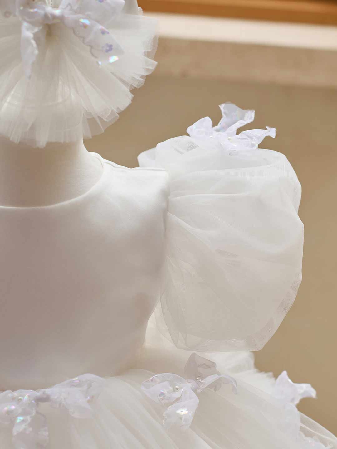 White puff sleeve bow tulle girl dress J508 27