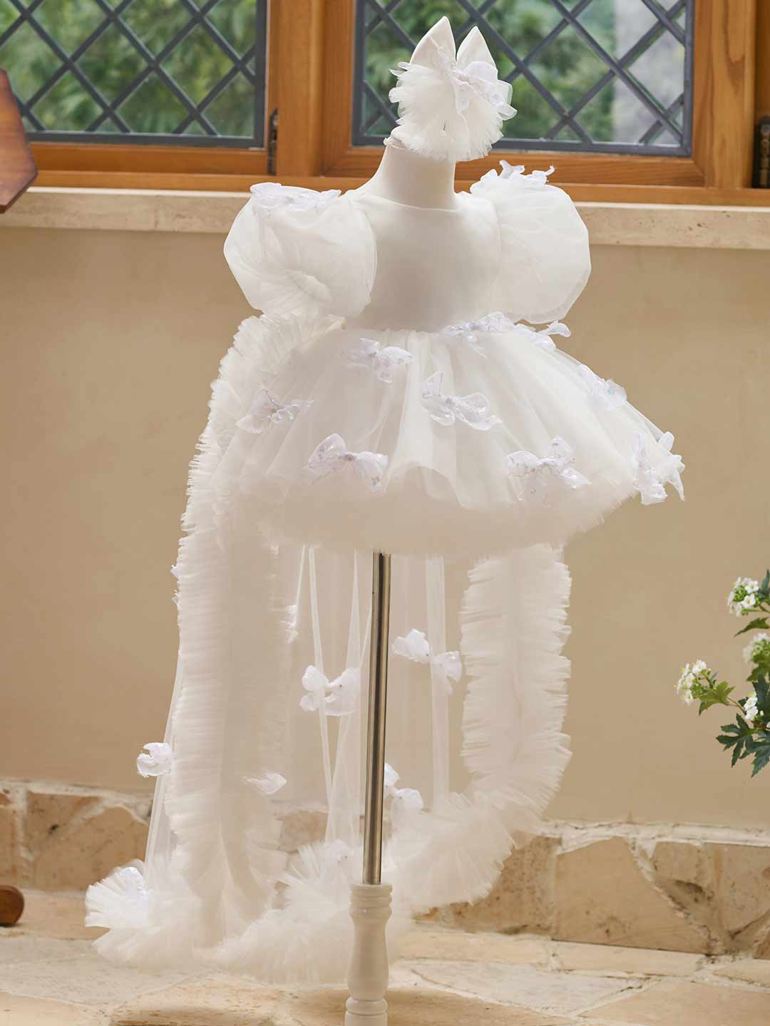 White puff sleeve bow tulle girl dress J508 29