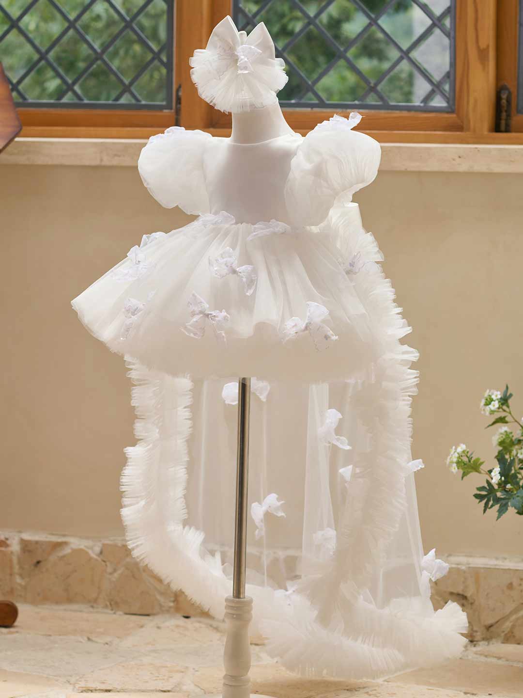 White puff sleeve bow tulle girl dress J508 30