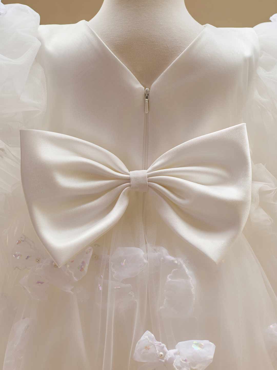 White puff sleeve bow tulle girl dress J508 31