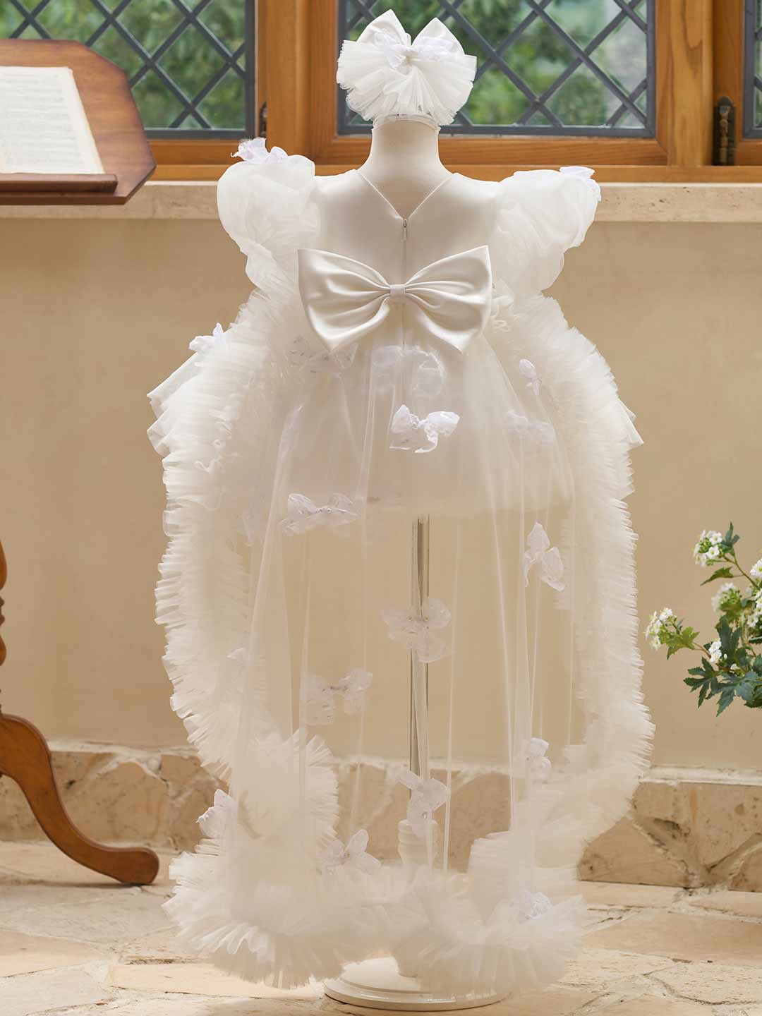 White puff sleeve bow tulle girl dress J508 33
