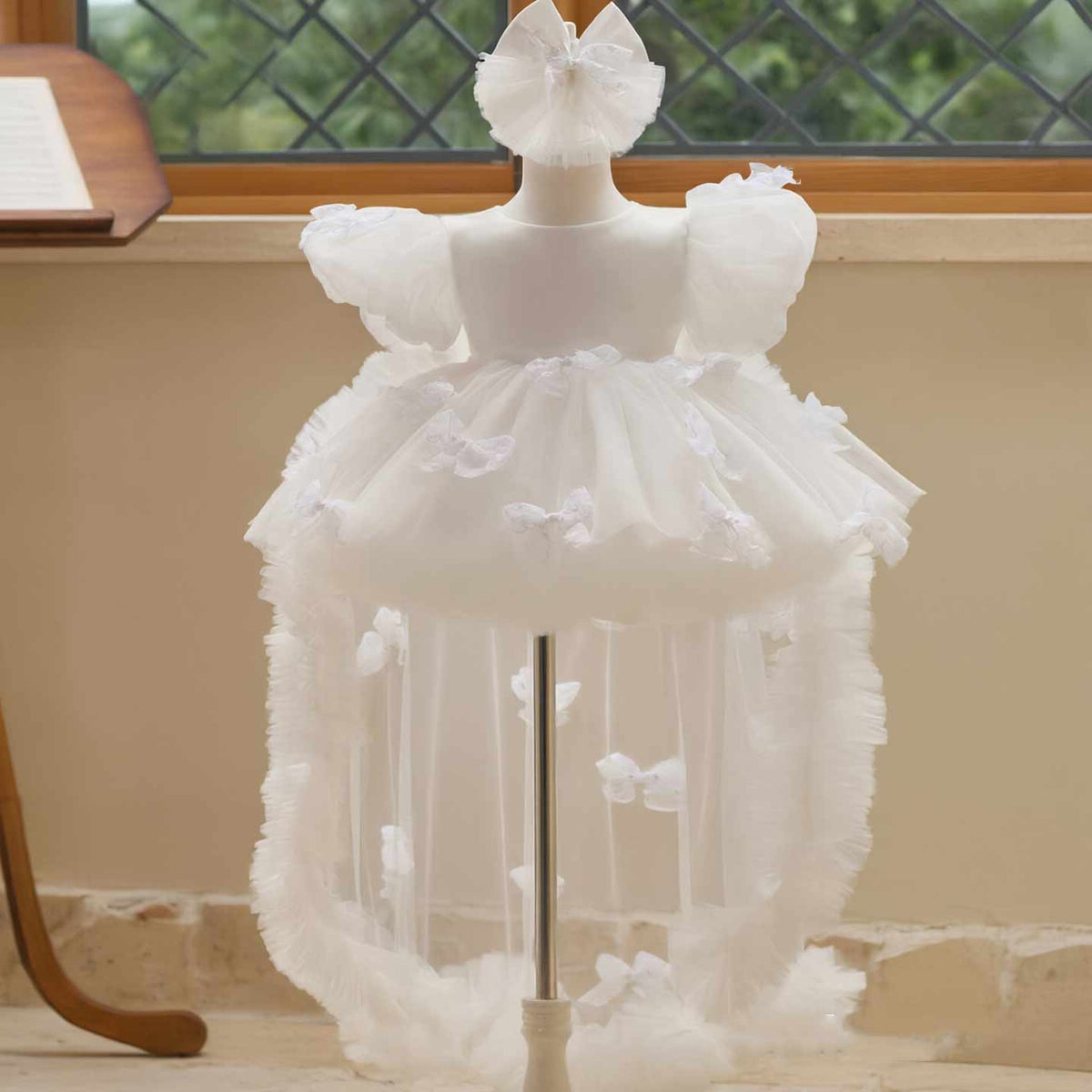 White puff sleeve bow tulle girl dress J508 22