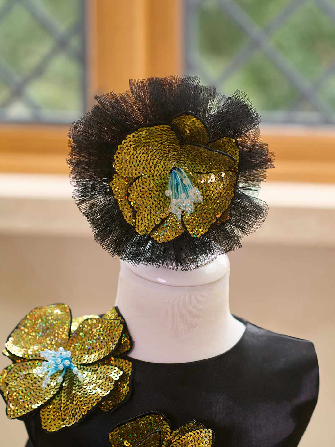 Black sequin floral satin tulle flower girl dress J509 3