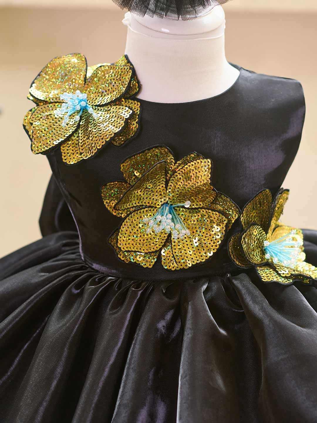 Black sequin floral satin tulle flower girl dress J509 4