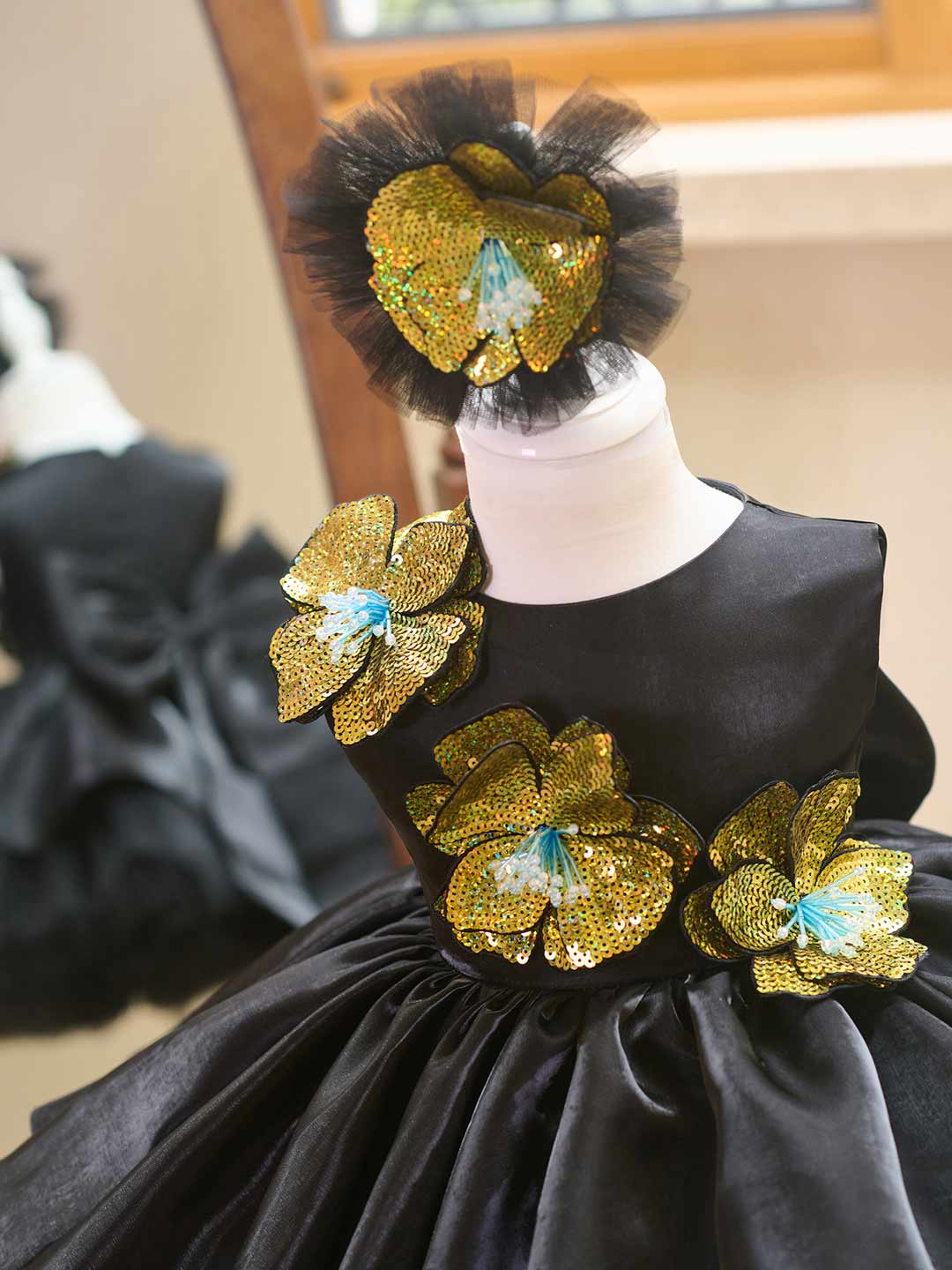 Black sequin floral satin tulle flower girl dress J509 5