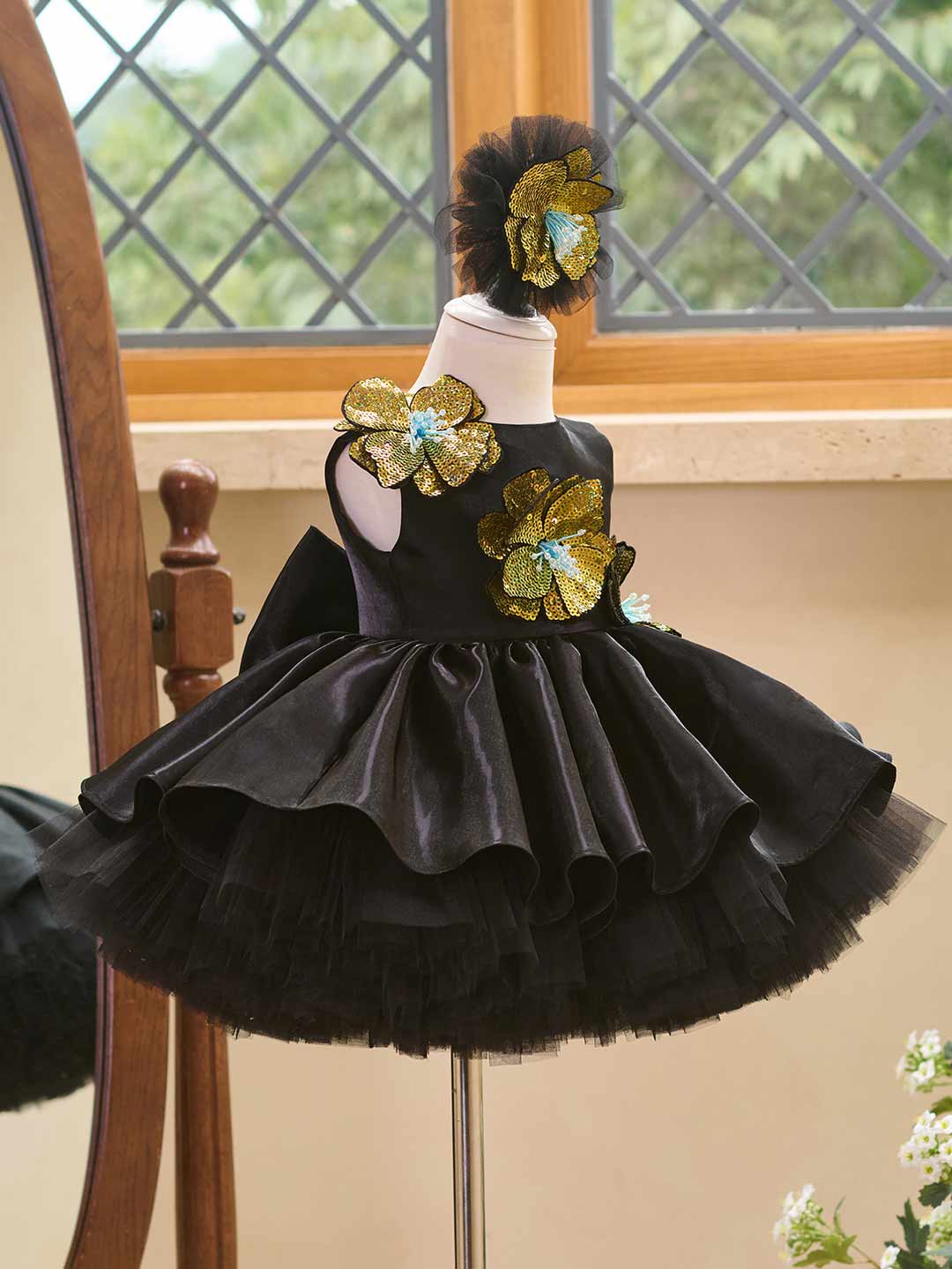 Black sequin floral satin tulle flower girl dress J509 6