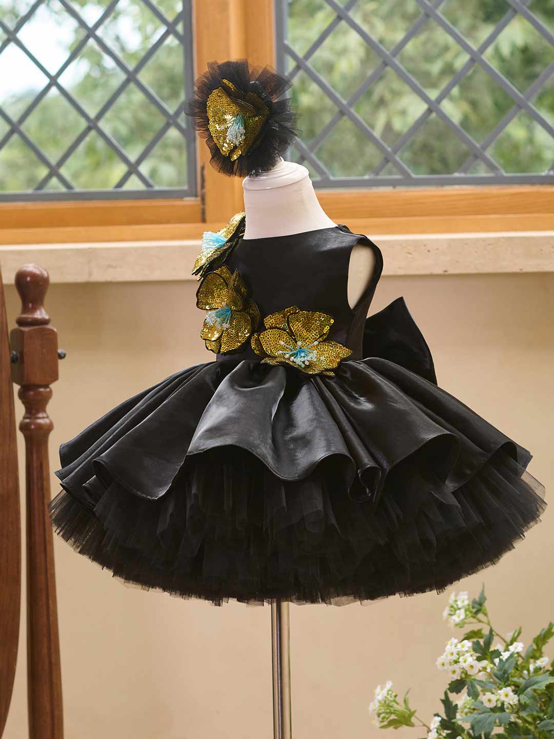 Black sequin floral satin tulle flower girl dress J509 7