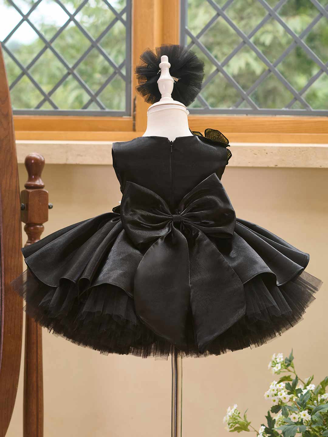 Black sequin floral satin tulle flower girl dress J509 8