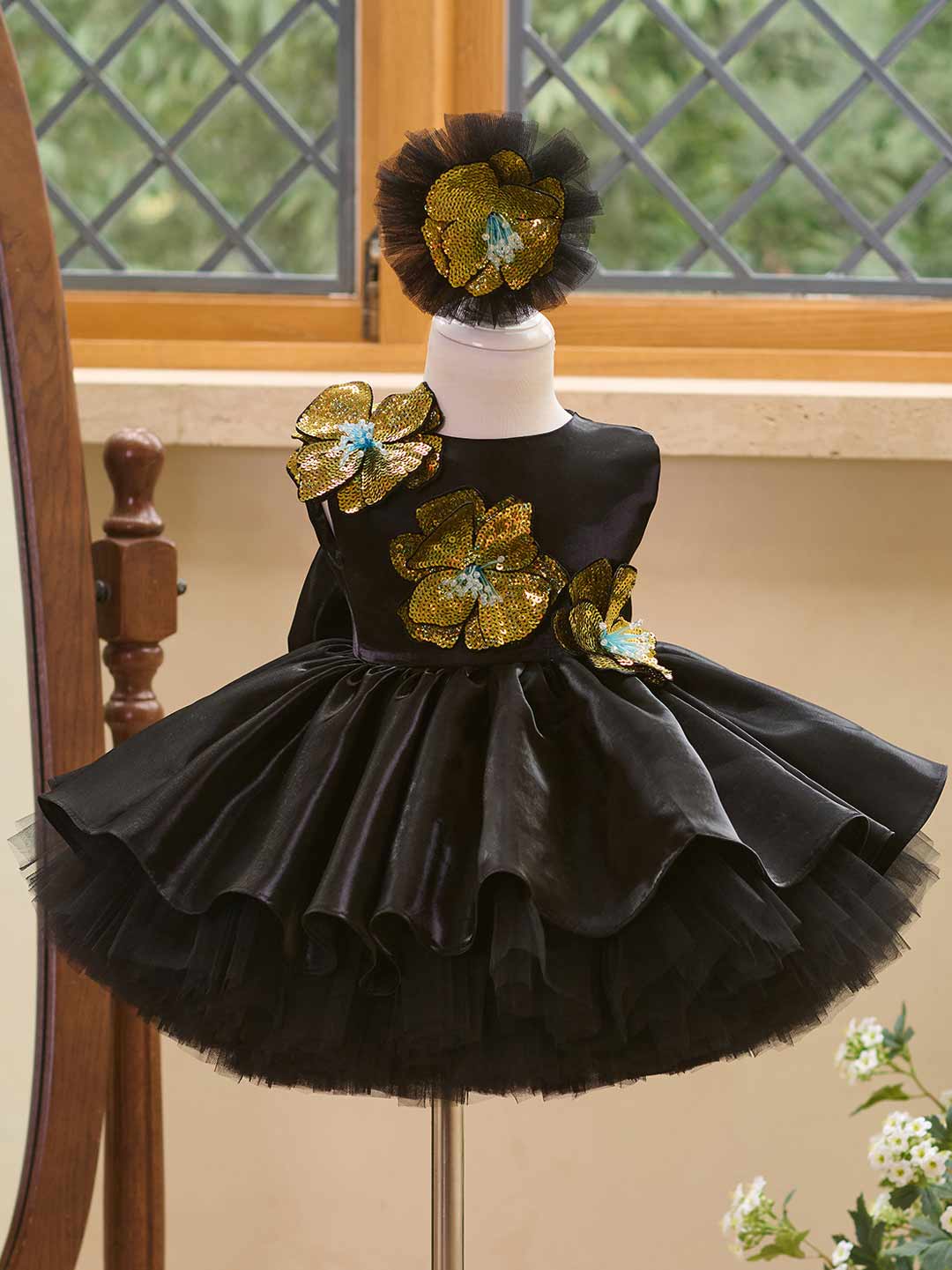 Black sequin floral satin tulle flower girl dress J509 10