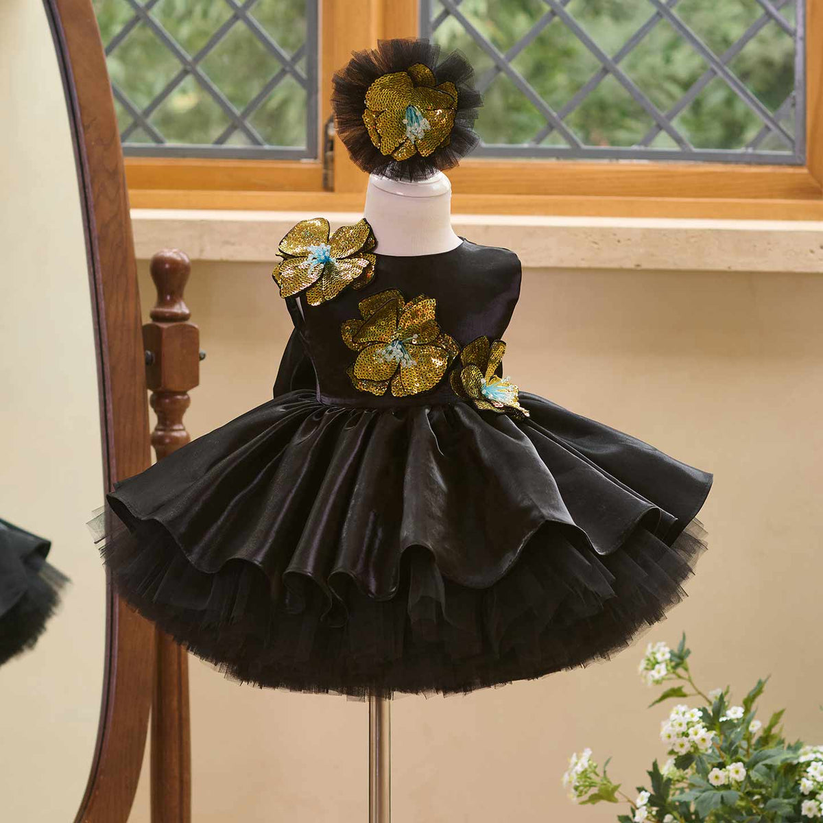Black sequin floral satin tulle flower girl dress J509 1