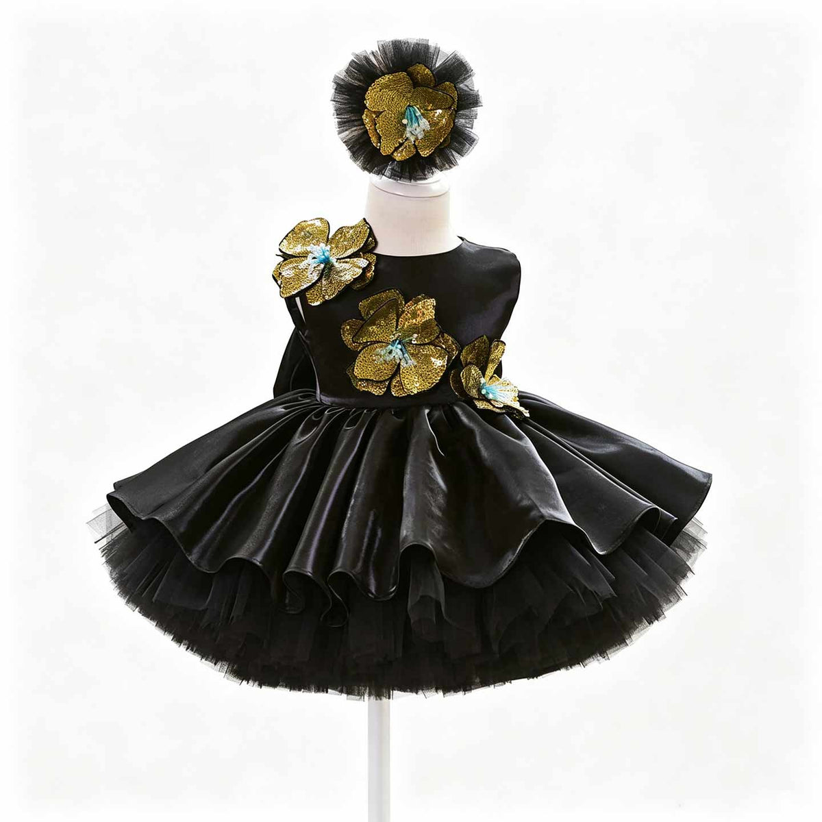 Black sequin floral satin tulle flower girl dress J509 2