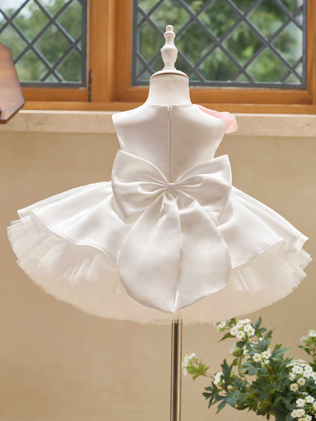 White sequin floral satin tulle flower girl dress J509 13