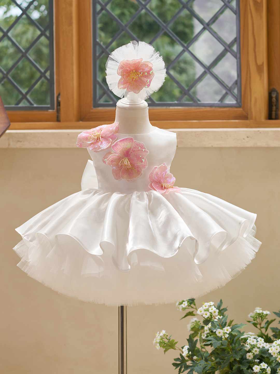 White sequin floral satin tulle flower girl dress J509 15