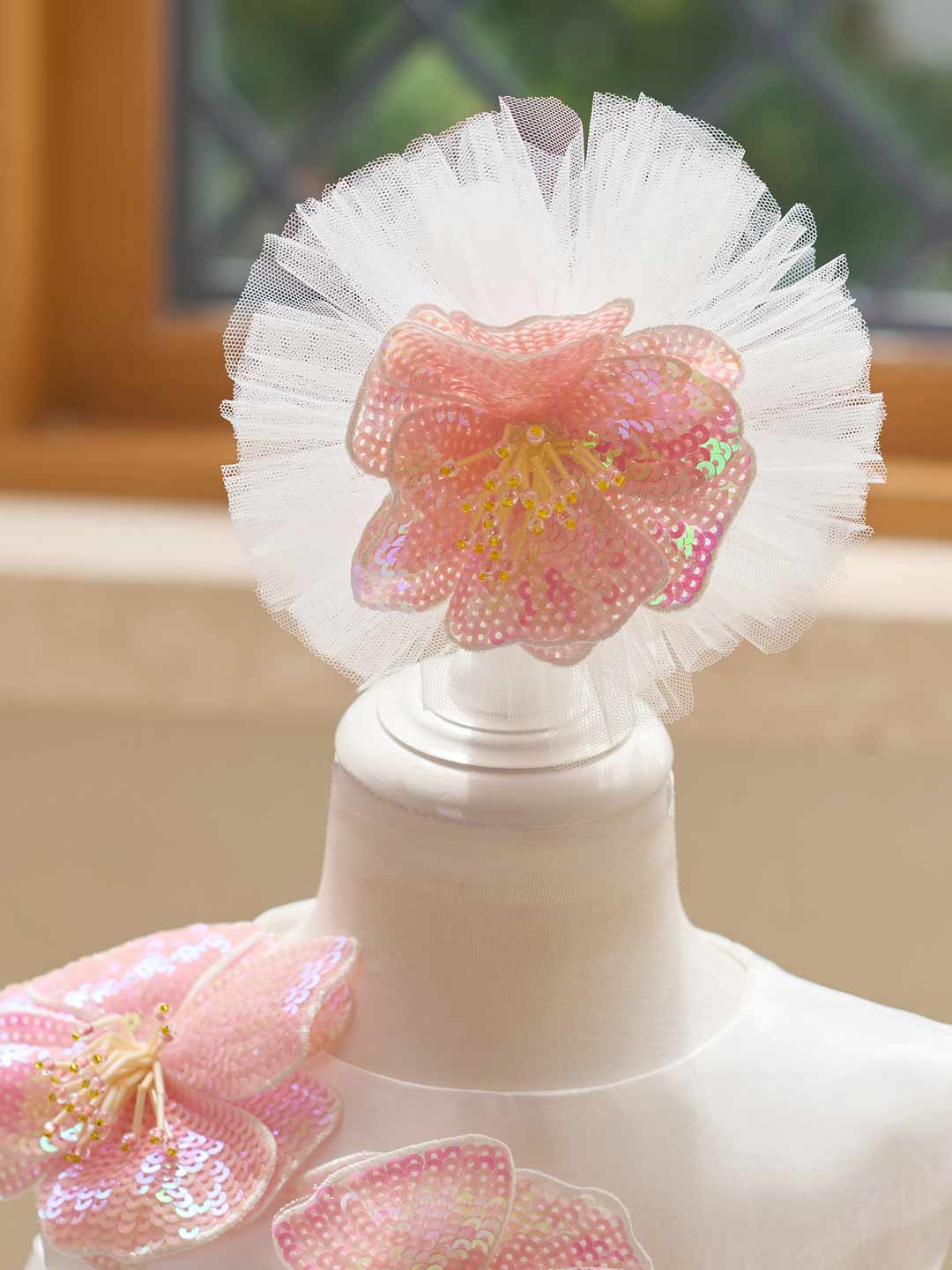 White sequin floral satin tulle flower girl dress J509 16