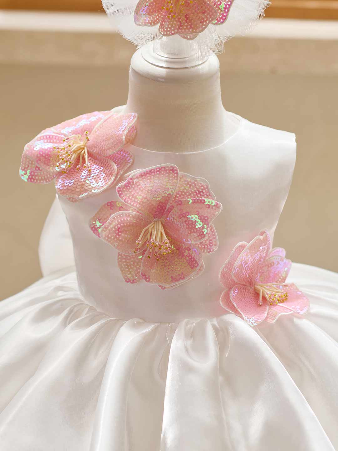 White sequin floral satin tulle flower girl dress J509 17