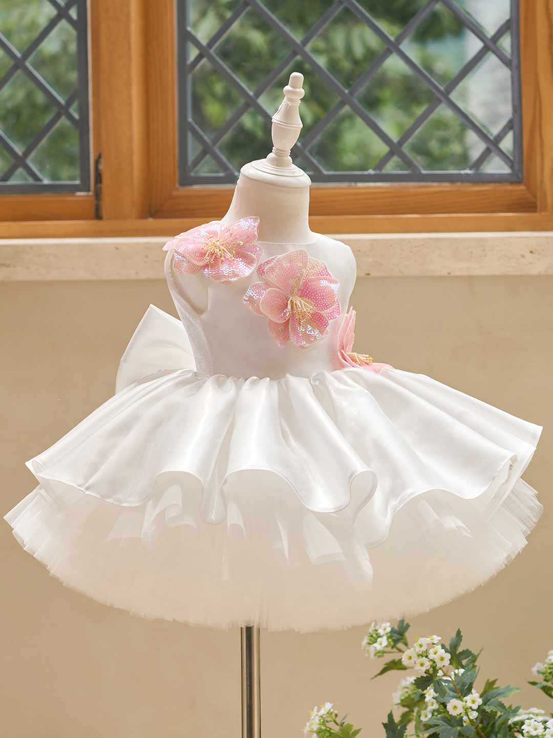 White sequin floral satin tulle flower girl dress J509 18