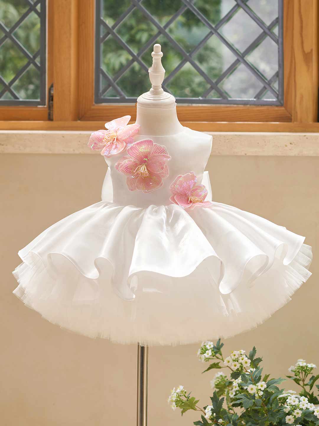 White sequin floral satin tulle flower girl dress J509 19
