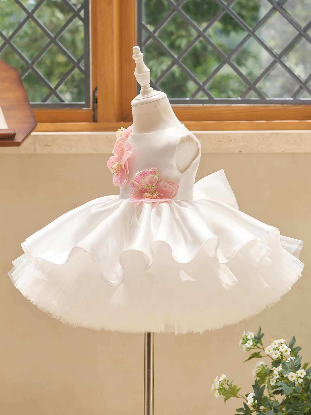 White sequin floral satin tulle flower girl dress J509 20