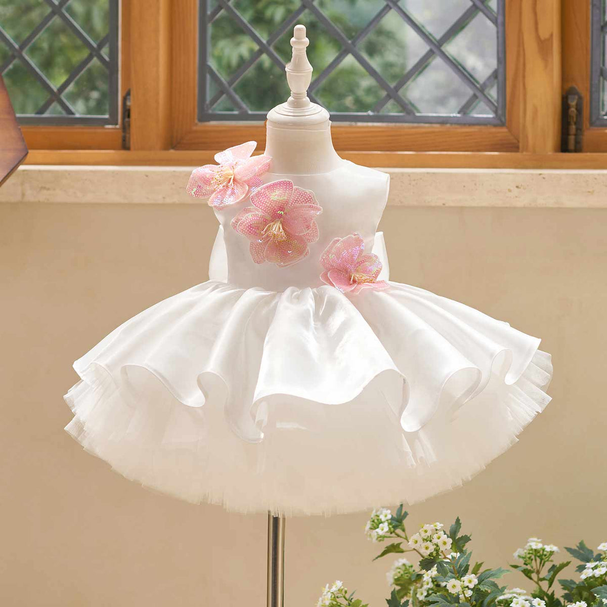 White sequin floral satin tulle flower girl dress J509 11