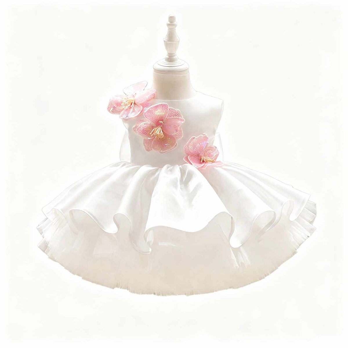 White sequin floral satin tulle flower girl dress J509 12