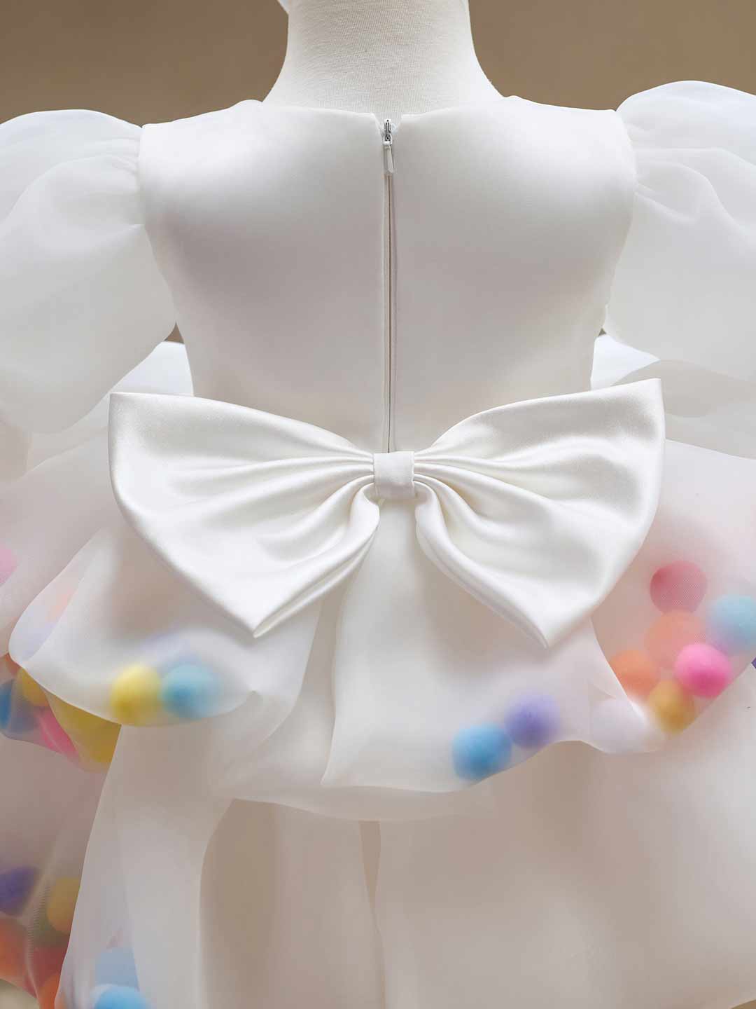 White puff sleeve bow tulle girl dress J510 3