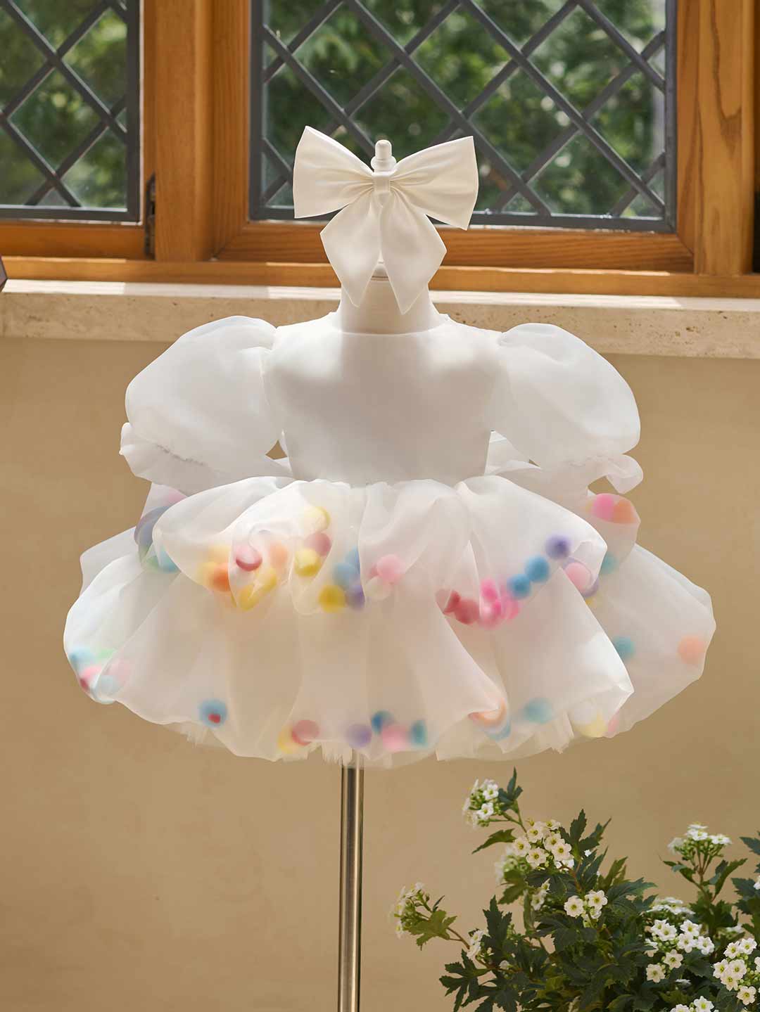 White puff sleeve bow tulle girl dress J510 4
