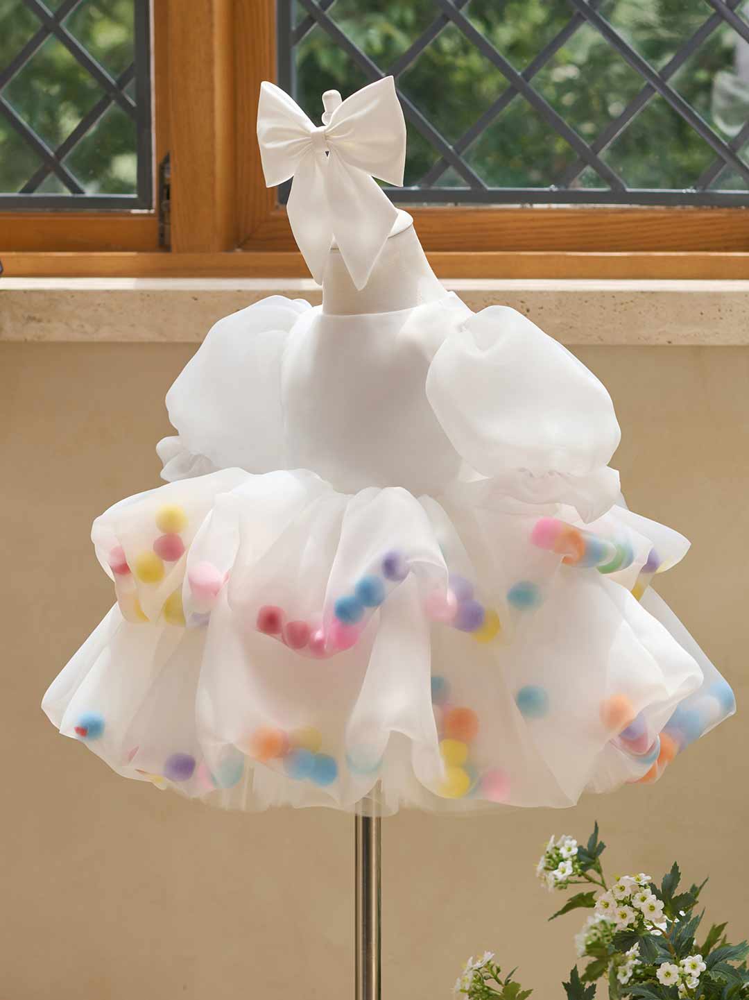 White puff sleeve bow tulle girl dress J510 7
