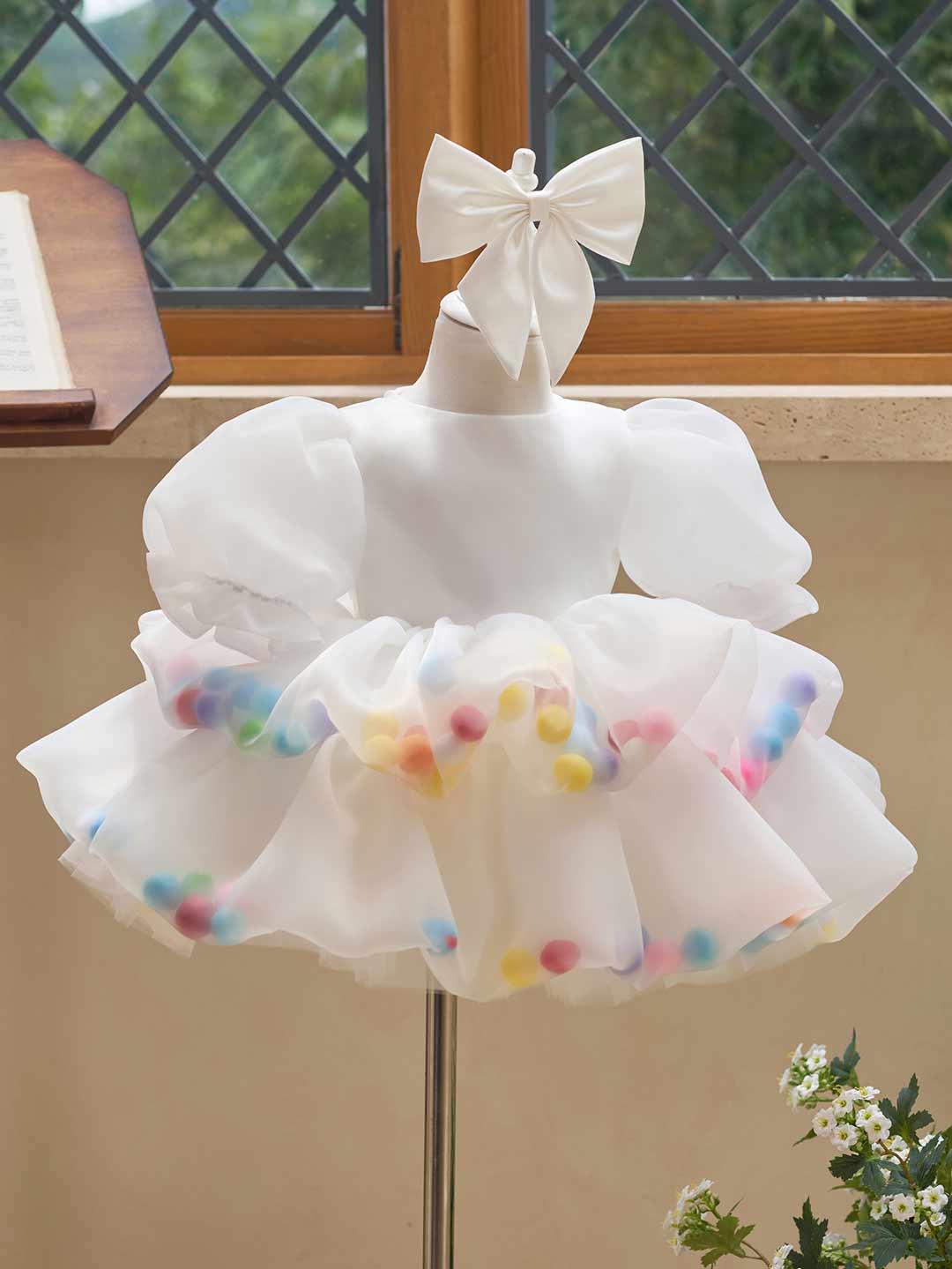 White puff sleeve bow tulle girl dress J510 8
