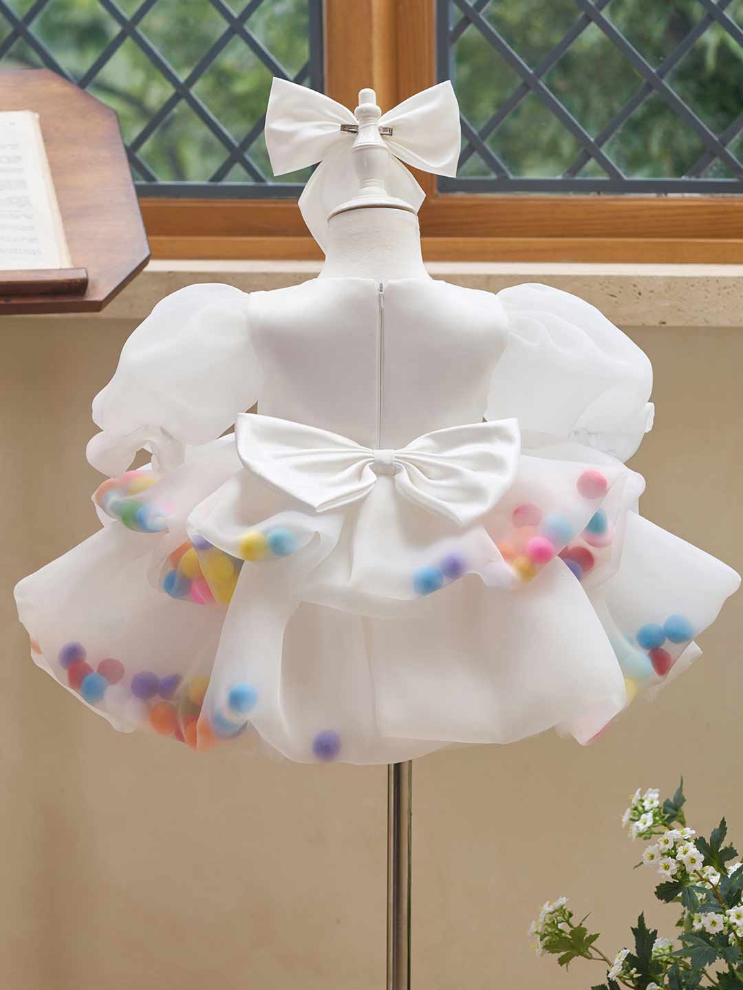 White puff sleeve bow tulle girl dress J510 9