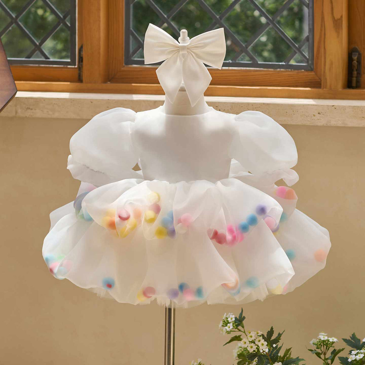 White puff sleeve bow tulle girl dress J510 1
