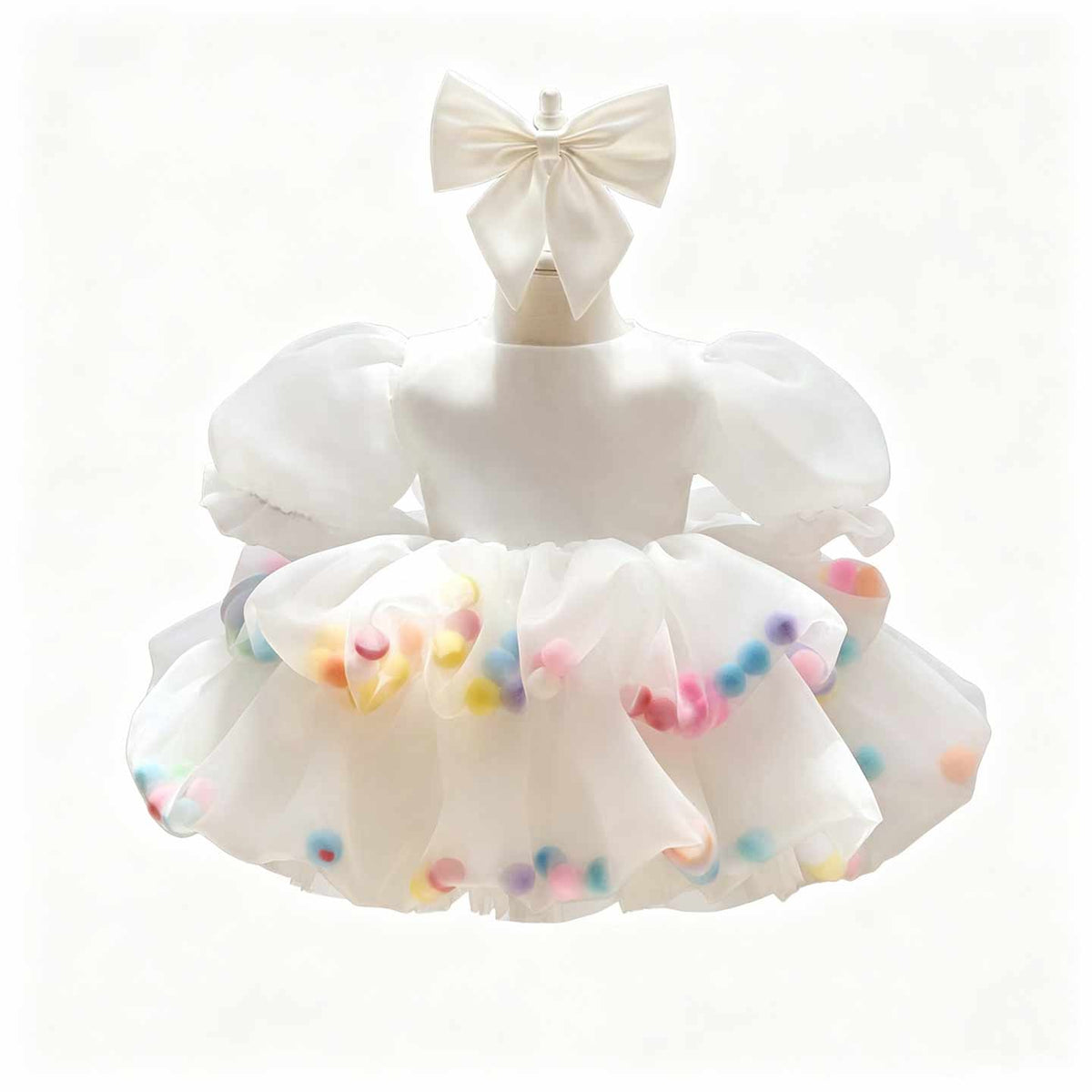 White puff sleeve bow tulle girl dress J510 2