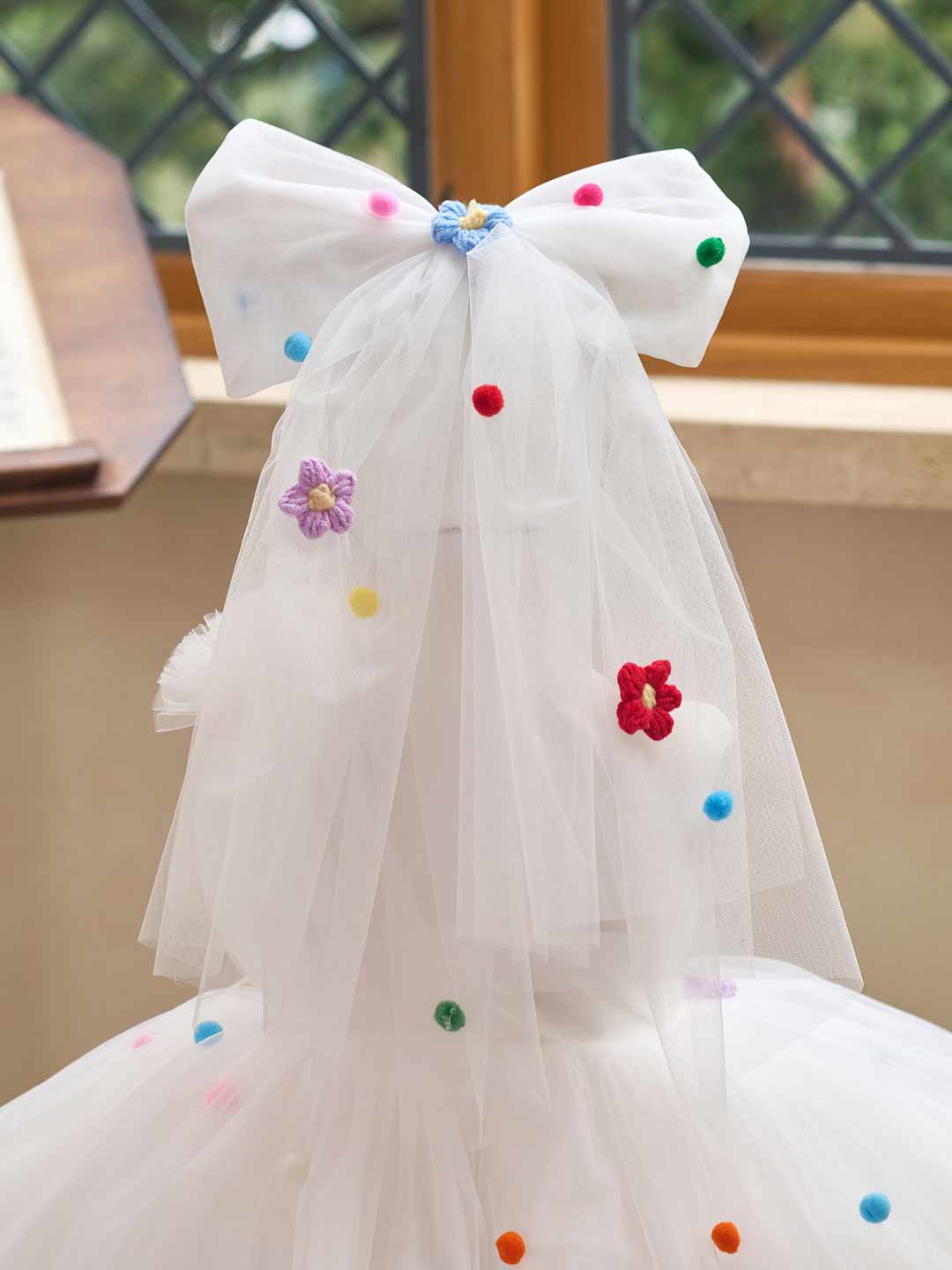 White pom-pom tulle flower girl dress J511 4