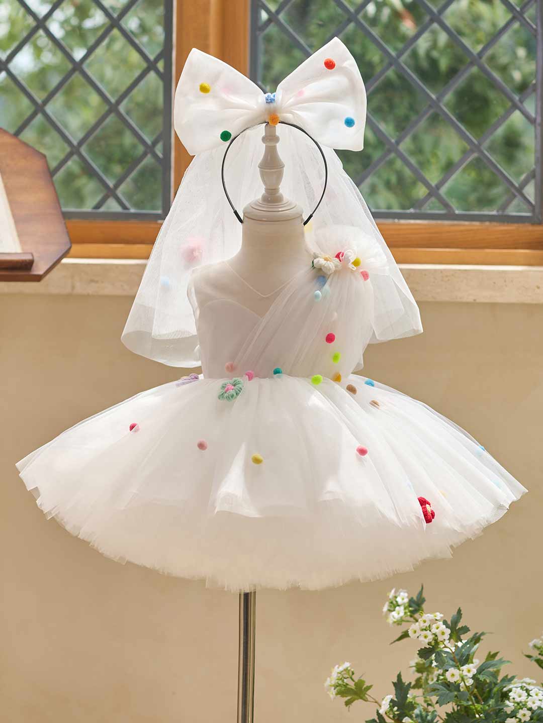 White pom-pom tulle flower girl dress J511 11