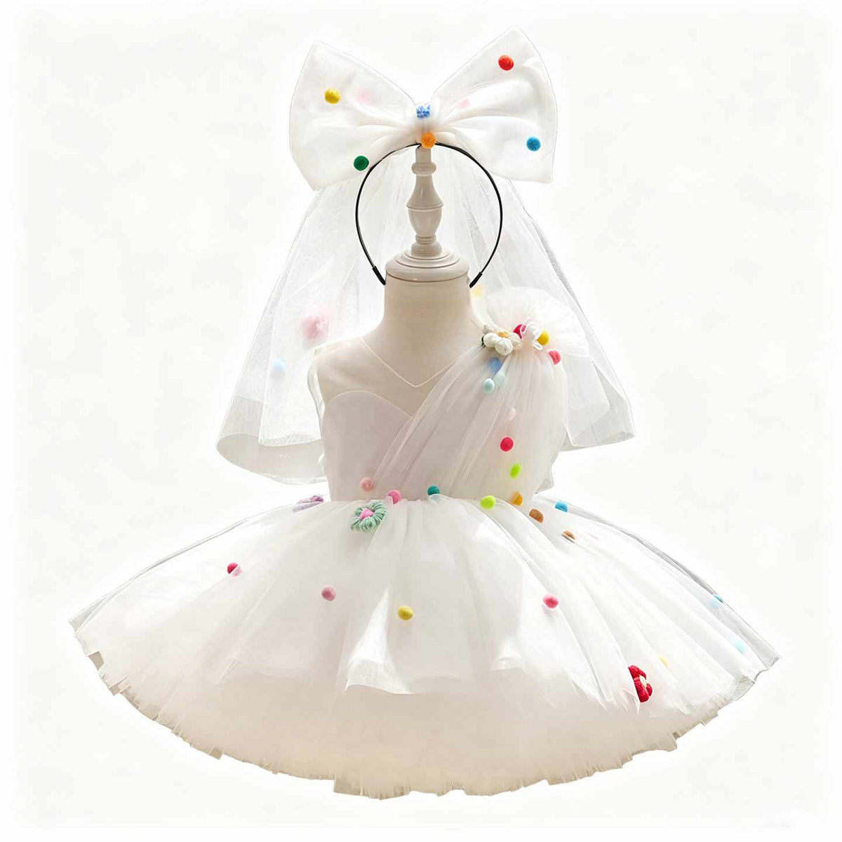 White pom-pom tulle flower girl dress J511 2