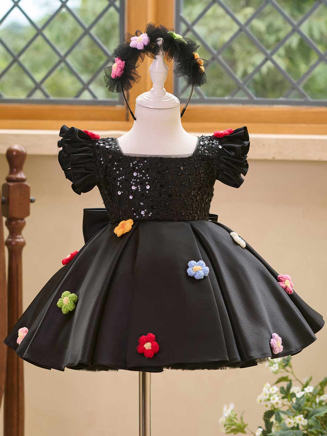 J519 Black sequin flower girl dress