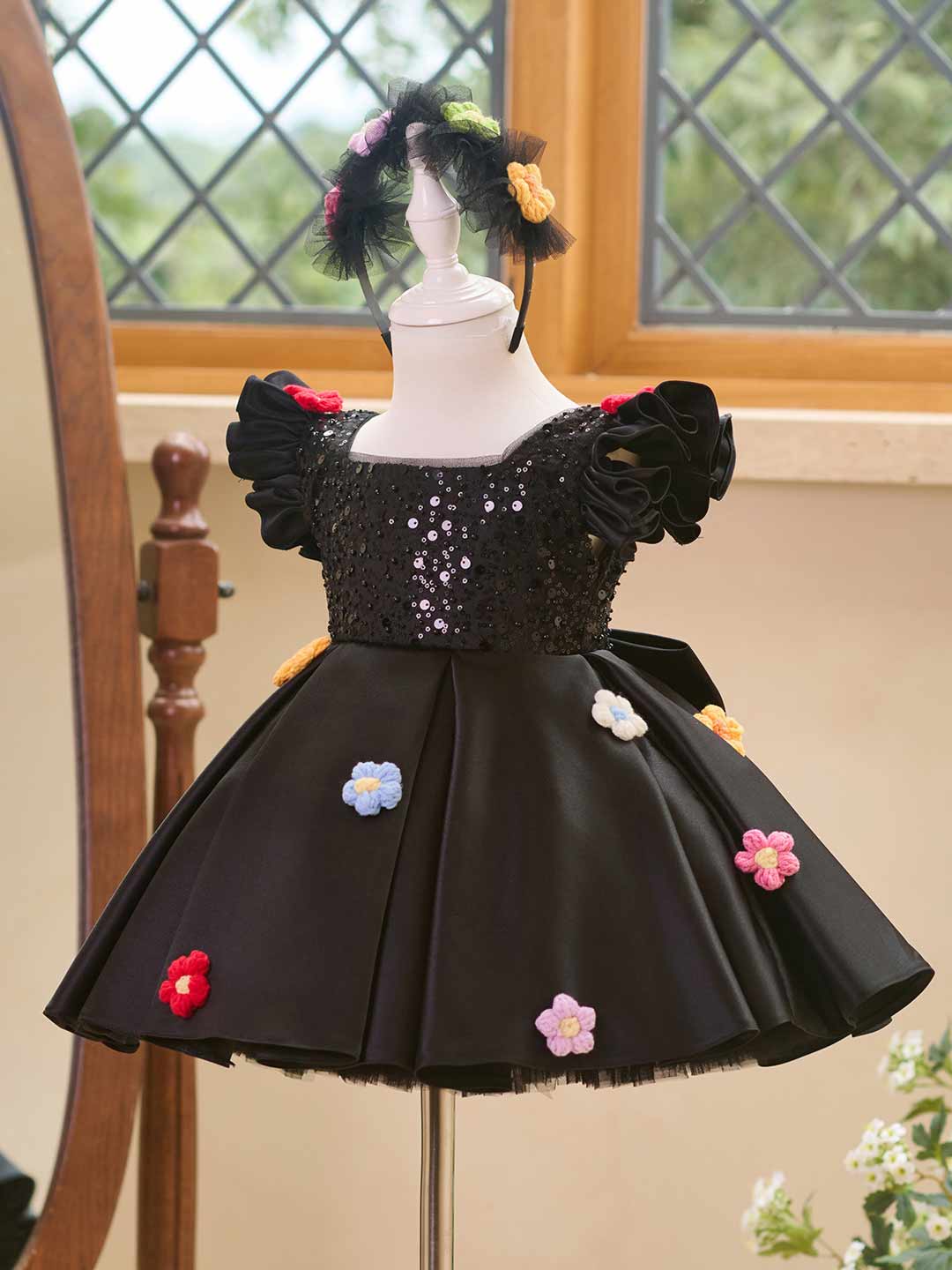 J519 Black sequin flower girl dress