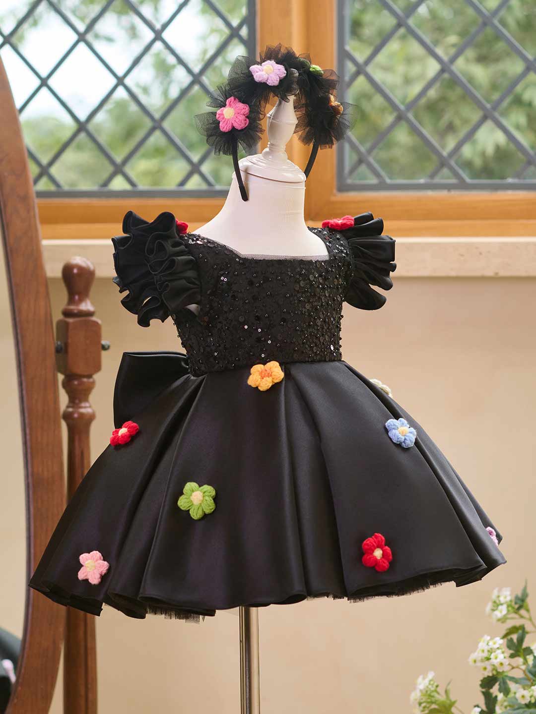 J519 Black sequin flower girl dress