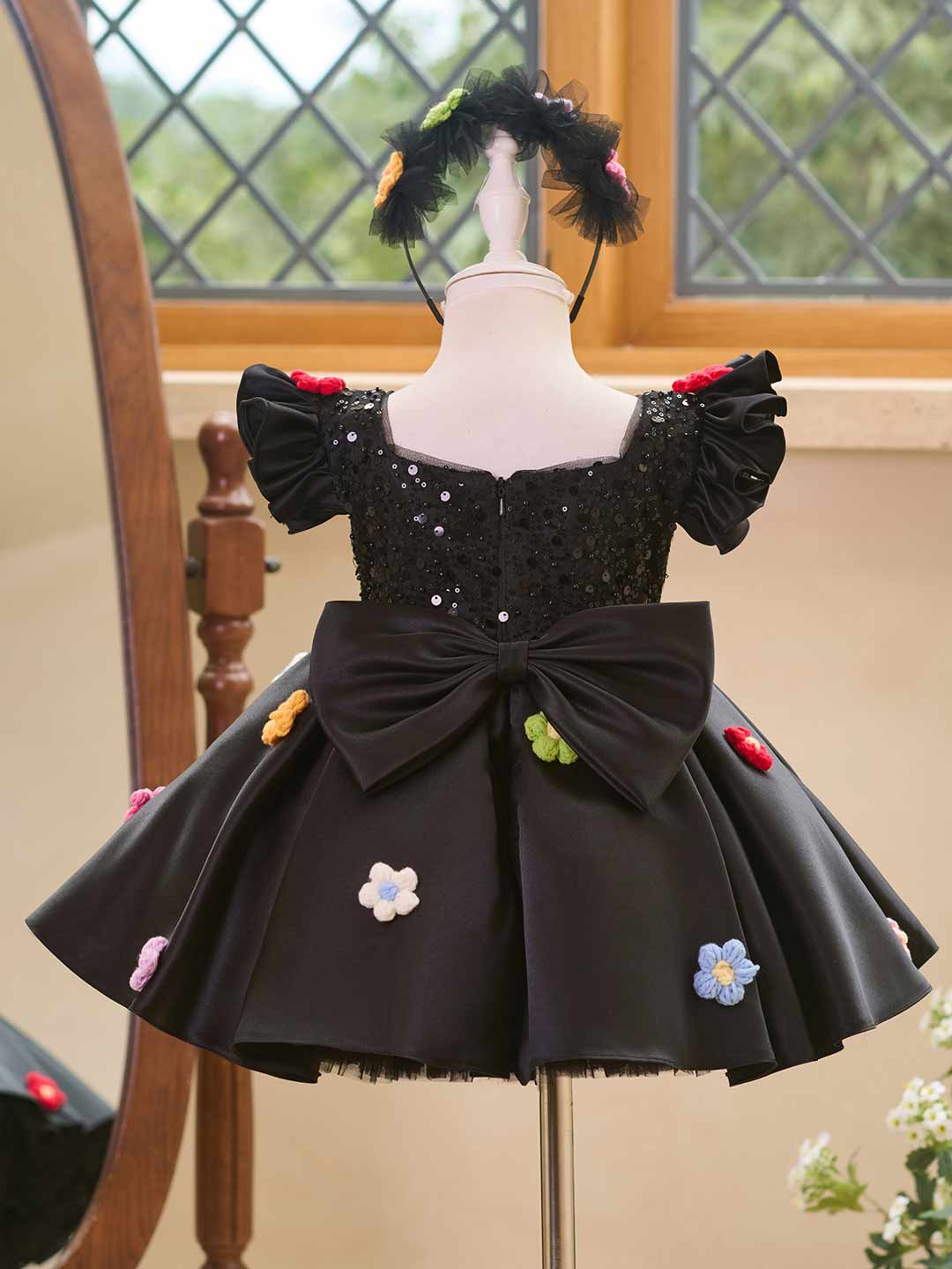 J519 Black sequin flower girl dress