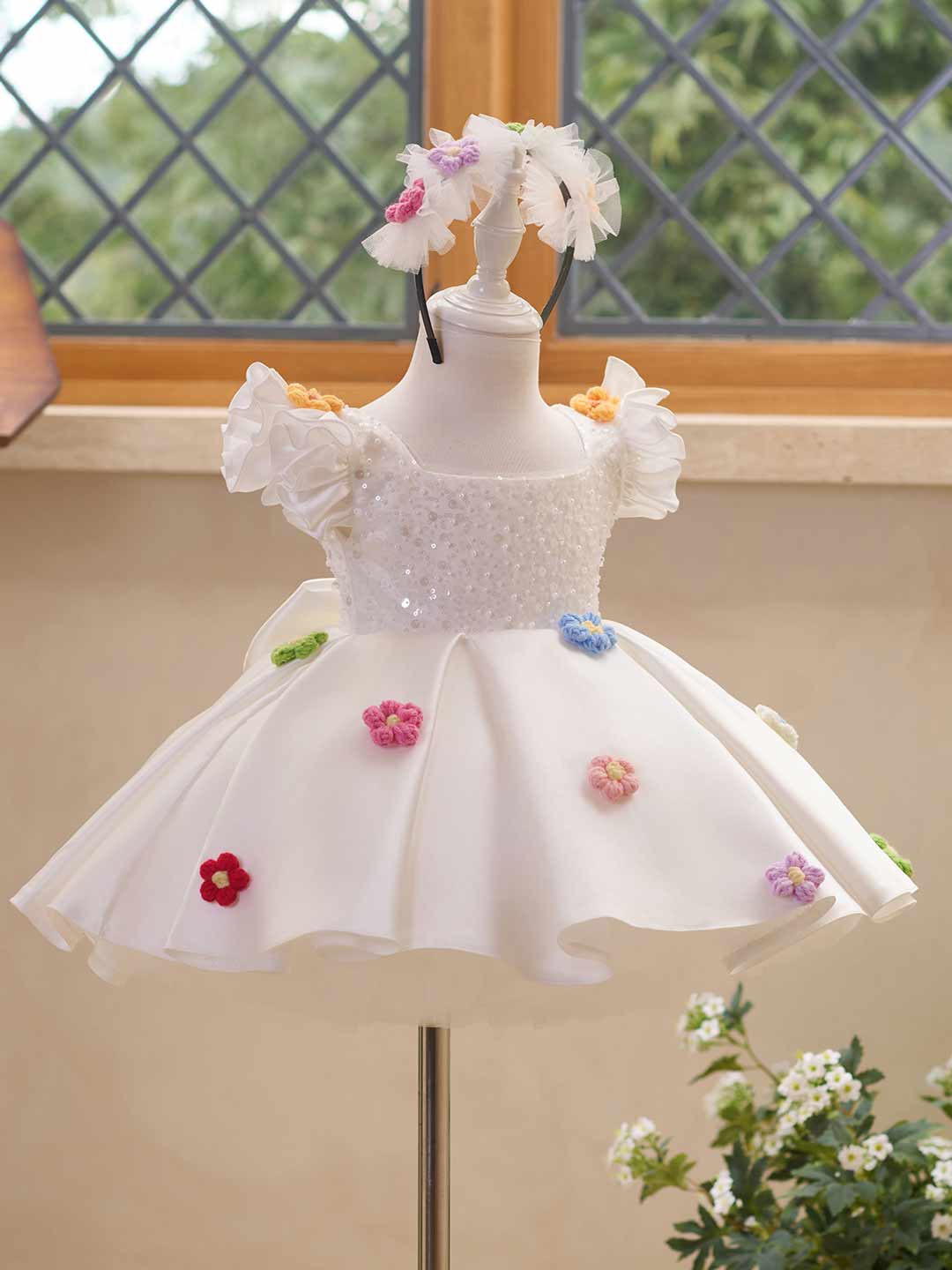 J519 White sequin flower girl dress
