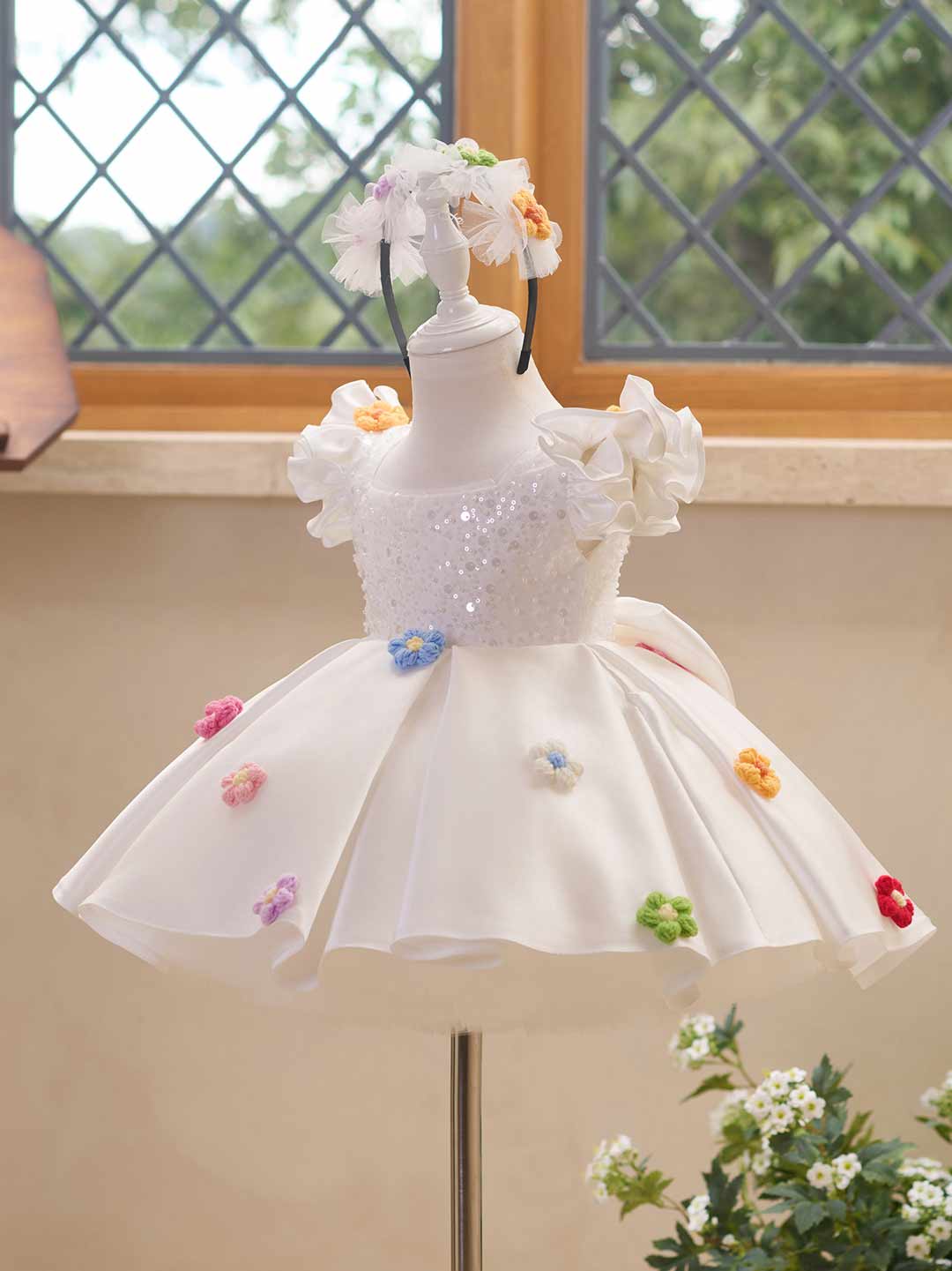 J519 White sequin flower girl dress