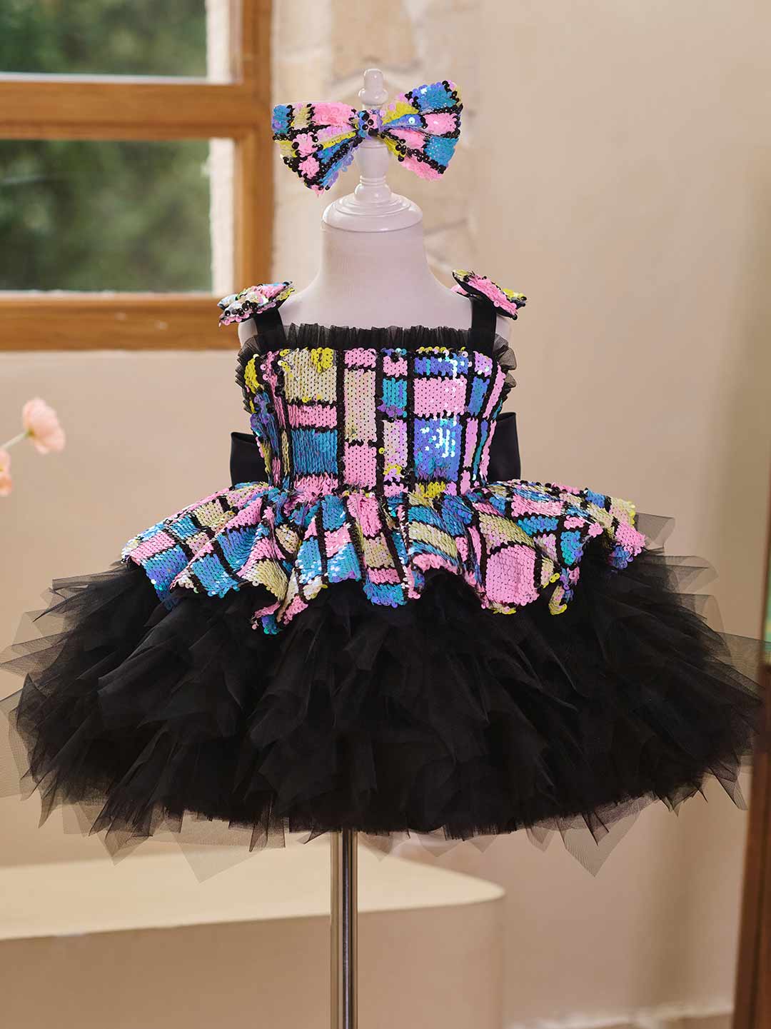 J520 Blue-Black sequin tulle flower girl dress