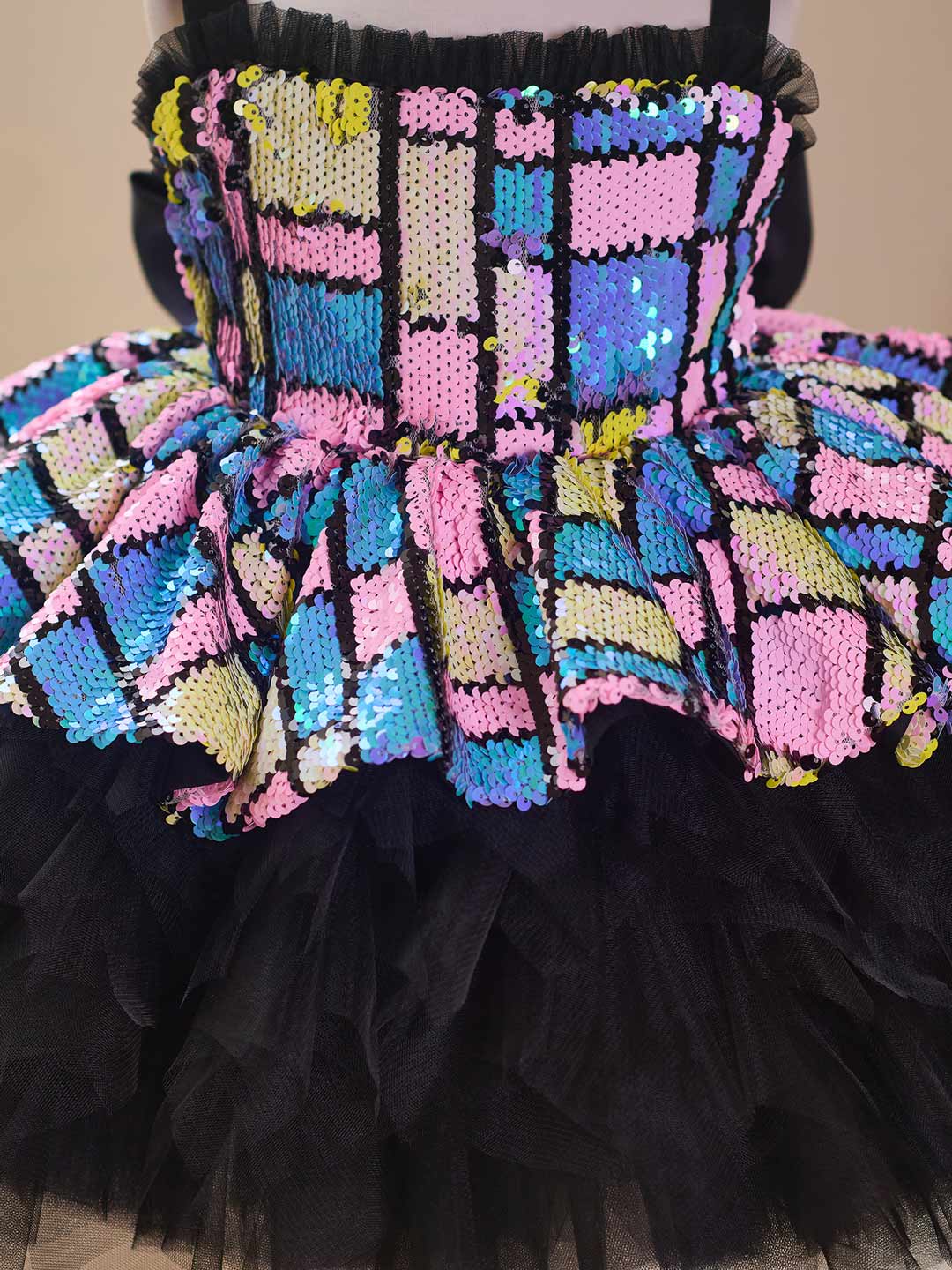 J520 Blue-Black sequin tulle flower girl dress