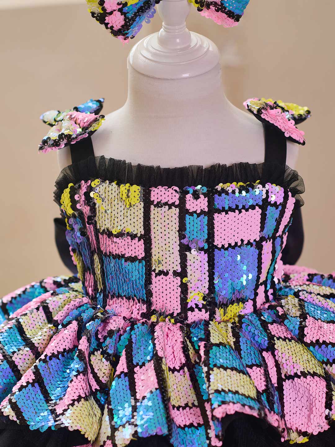 J520 Blue-Black sequin tulle flower girl dress