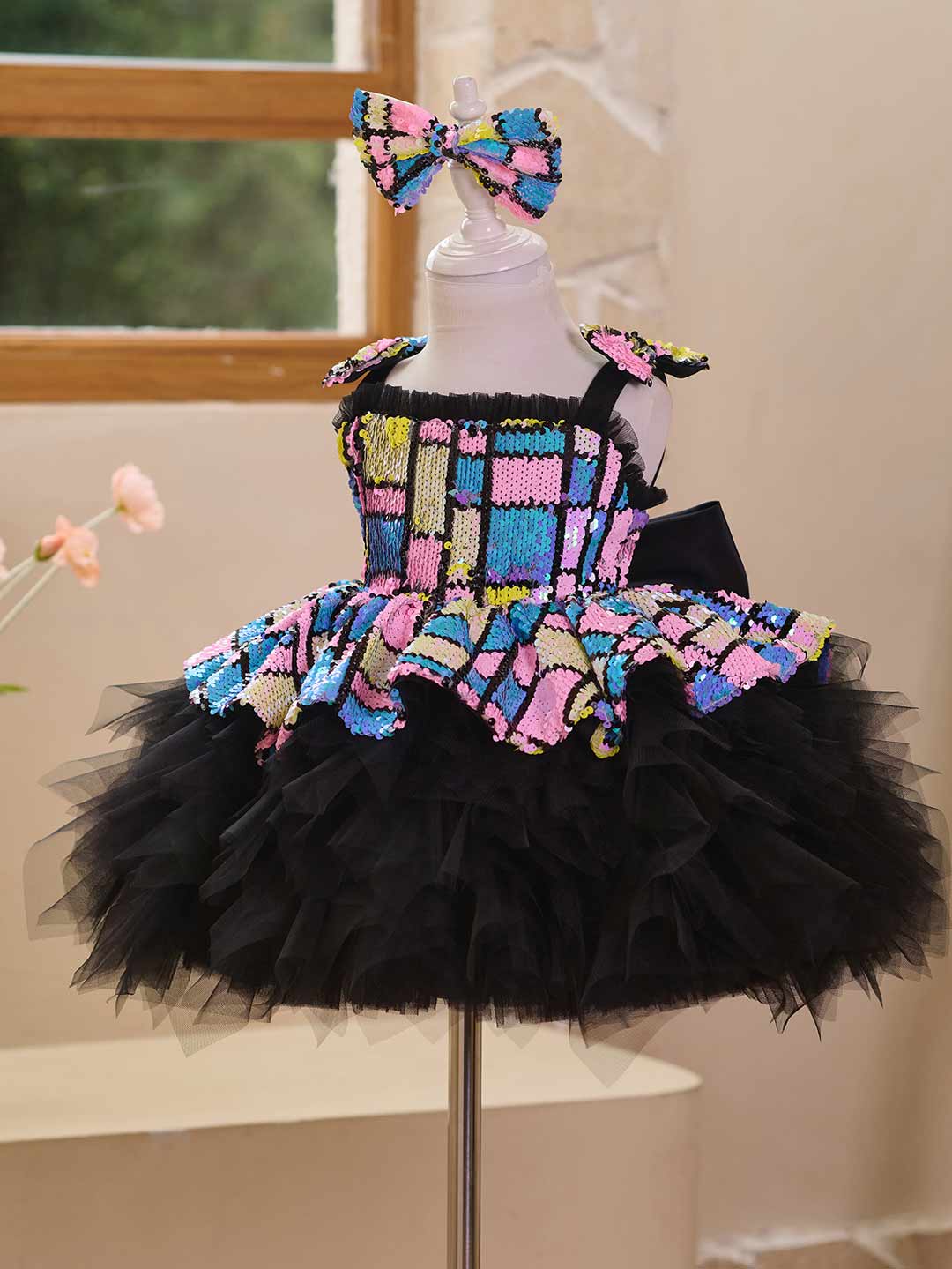 J520 Blue-Black sequin tulle flower girl dress