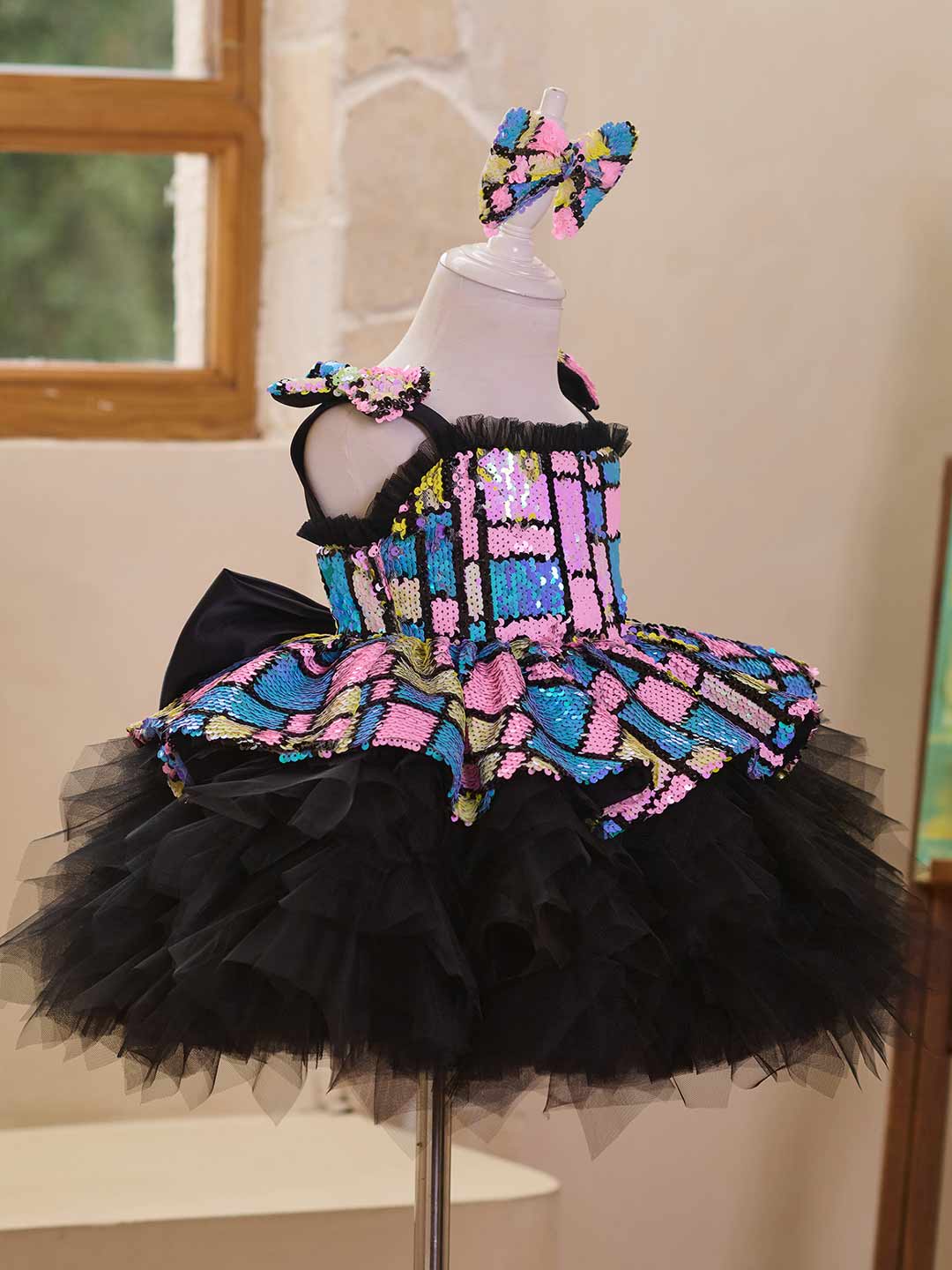 J520 Blue-Black sequin tulle flower girl dress