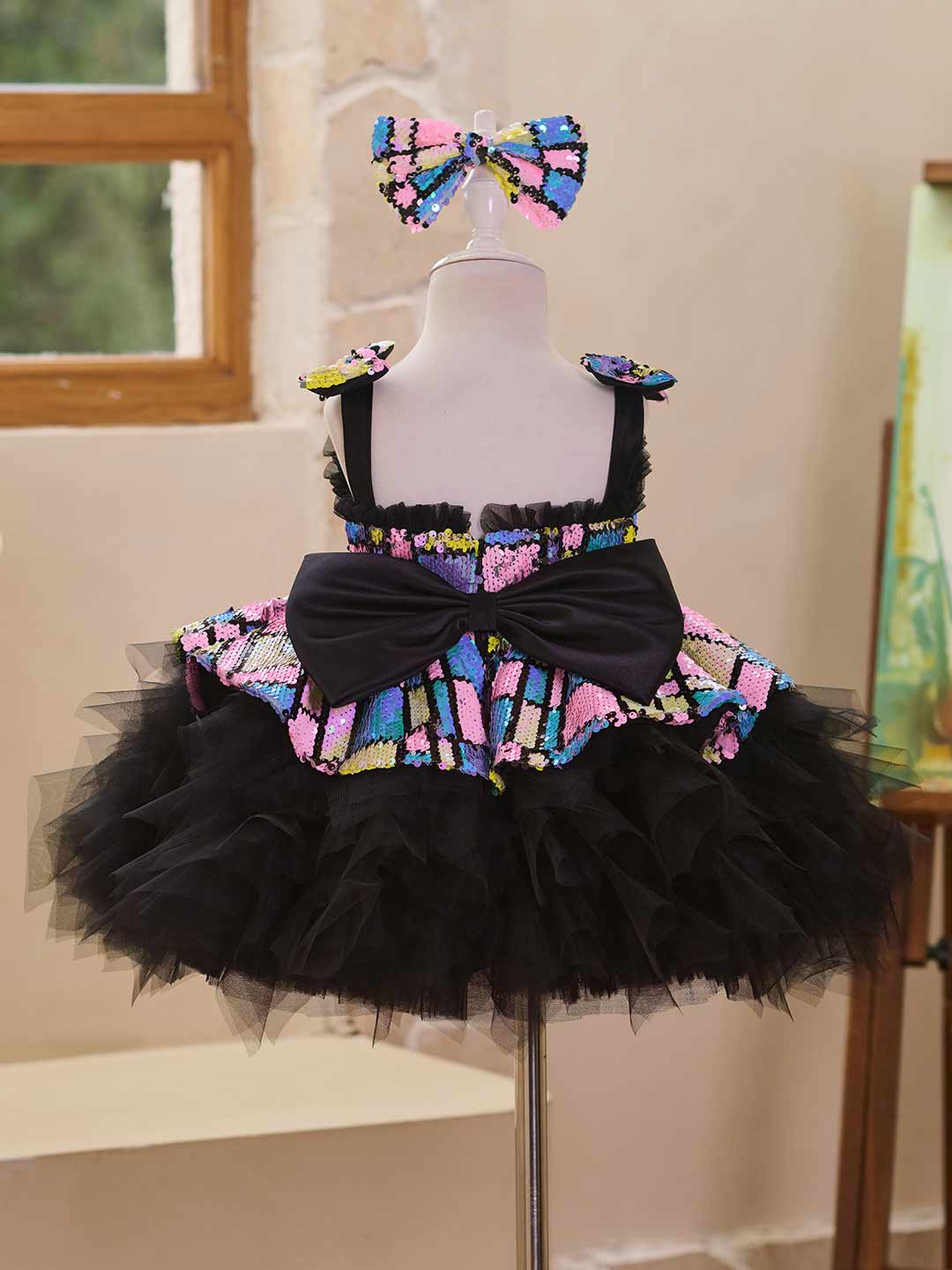 J520 Blue-Black sequin tulle flower girl dress